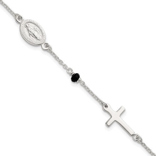 Sterling Silver Black Glass Beads Rosary Themed Bracelet