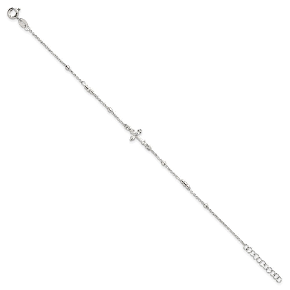 Sterling Silver Polished and Beaded CZ Cross w/ 1in Ext Bracelet