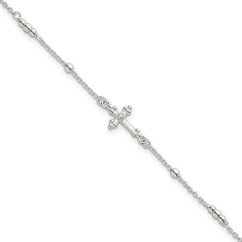 Sterling Silver Polished and Beaded CZ Cross w/ 1in Ext Bracelet
