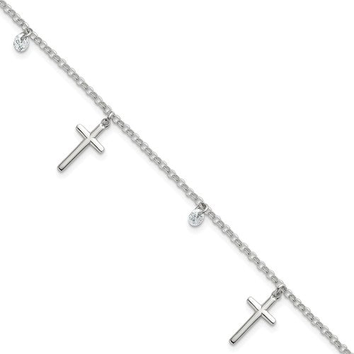 Sterling Silver Polished CZ Cross Bracelet