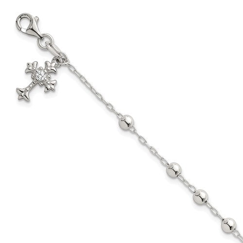 Sterling Silver Polished and Beaded CZ Cross Bracelet