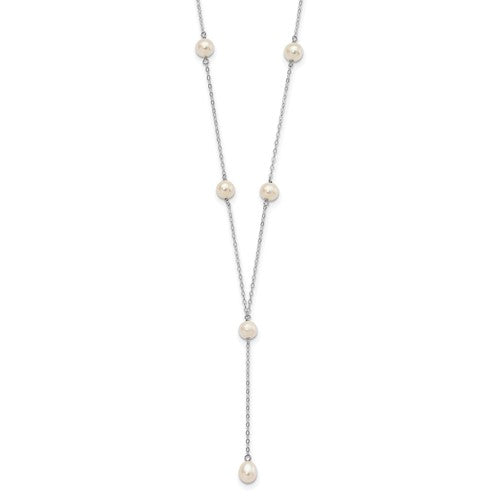 Sterling Silver Rhodum-plated White FW Cultured Pearl Y-Drop Necklace
