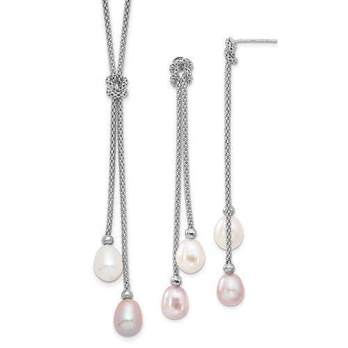 Sterling Silver Rhodium FWC Pearl Knot 18 in. Necklace/Earring Set