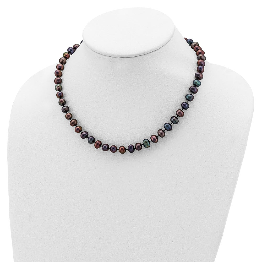 Sterling Silver Rhodium-plated 7-8mm Black FW Cultured Pearl Necklace