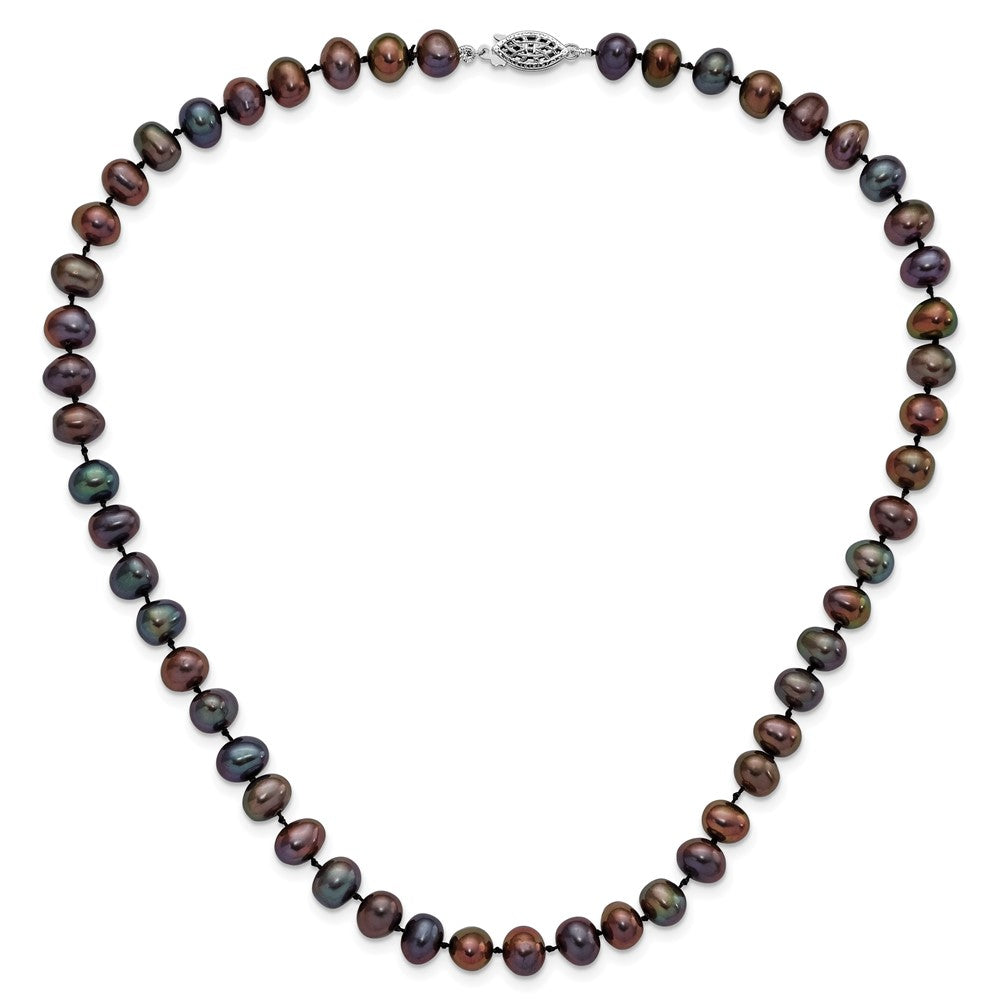 Sterling Silver Rhodium-plated 7-8mm Black FW Cultured Pearl Necklace