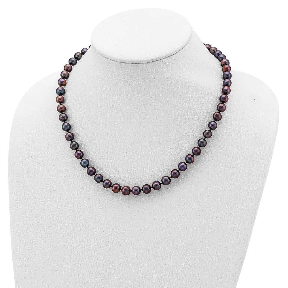 Sterling Silver Rhod-plated 7-8mm Black FW Cultured Pearl Necklace