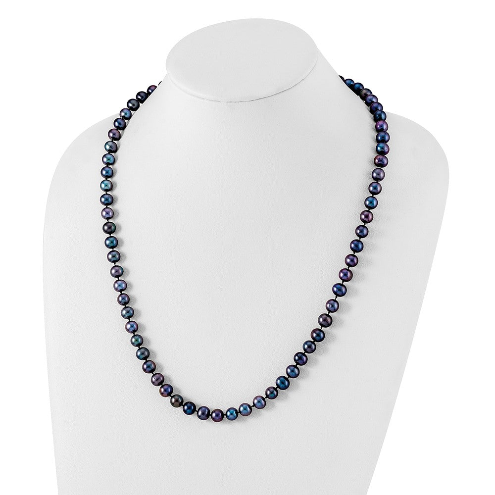 Sterling Silver Rhod-plated 7-8mm Black FW Cultured Pearl Necklace