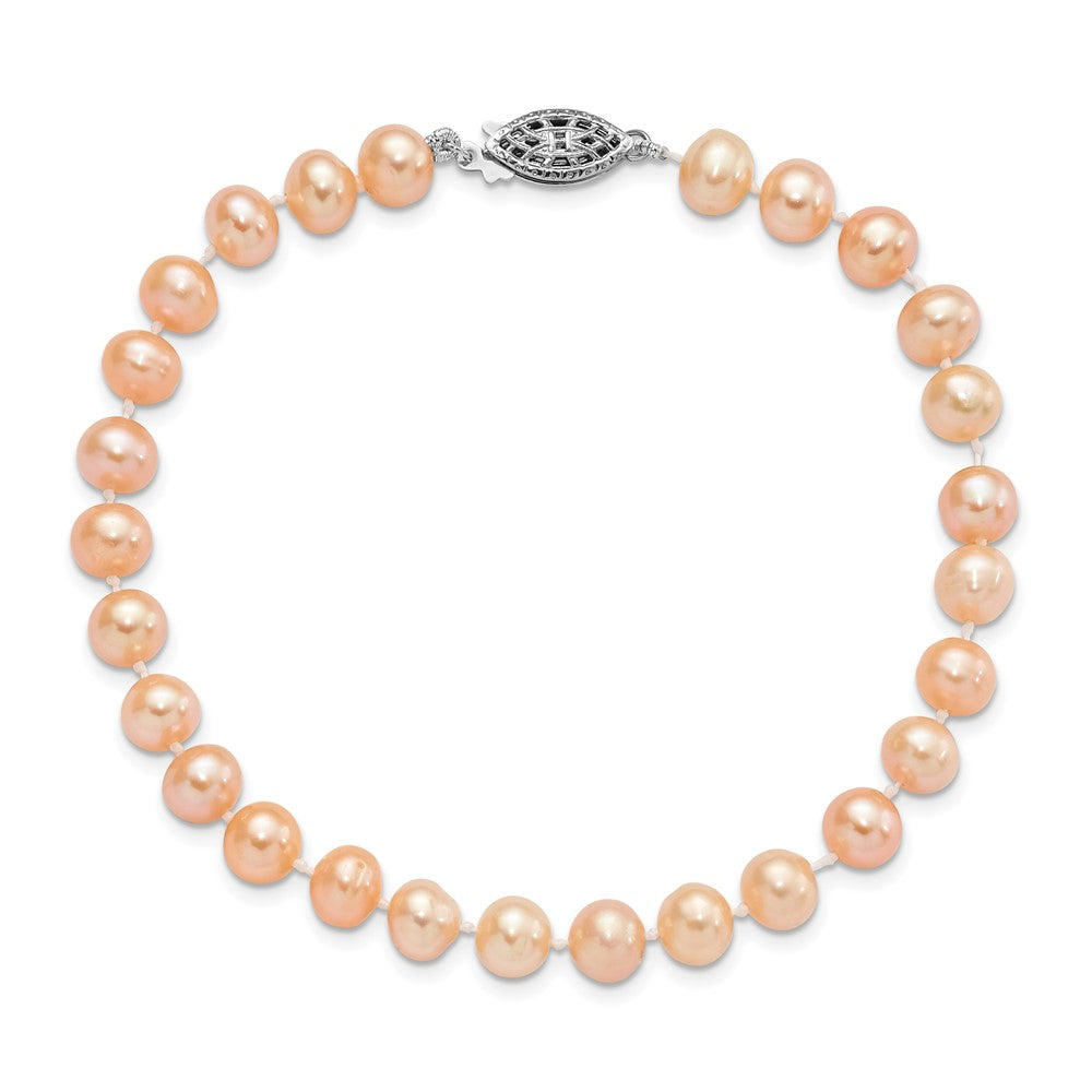 Sterling Silver Rhod-plated 6-7mm Pink FWC Pearl Bracelet