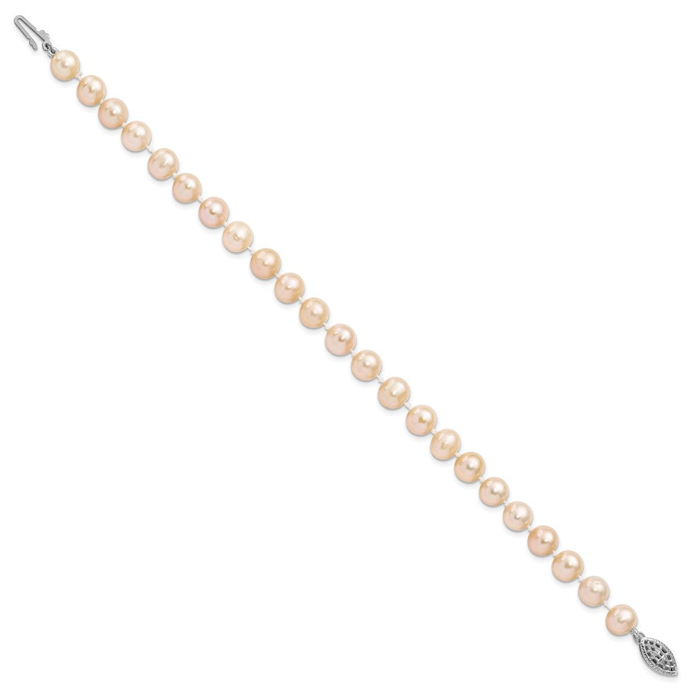Sterling Silver Rhod-plated 7-8mm Pink FWC Pearl Bracelet