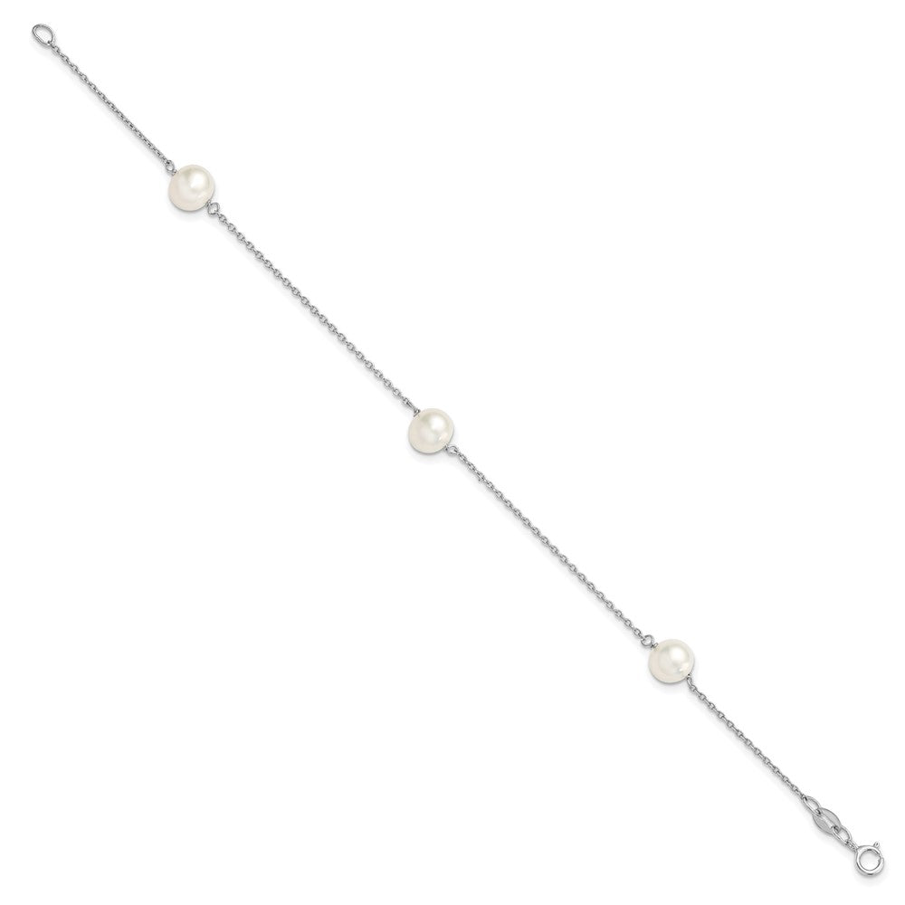 Sterling Silver Rh-plated 3-stat 7-8mm White Semi-round FWC Pearl Bracelet