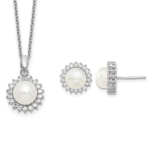 Sterling Silver Rhodium-plated 8-9mm FWC Pearl CZ Earring/Necklace Set