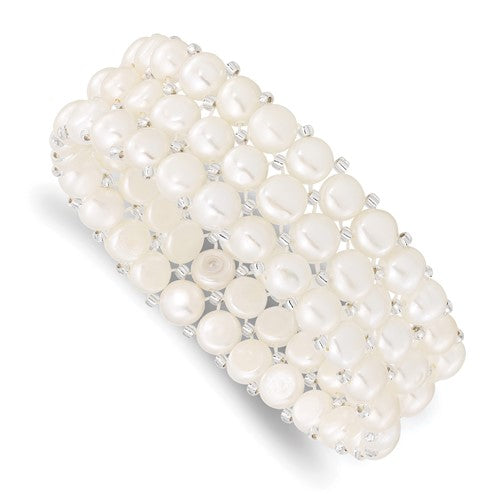 6-7mm Button FWC Pearl and Glass Beaded 3-row Stretch Bracelet