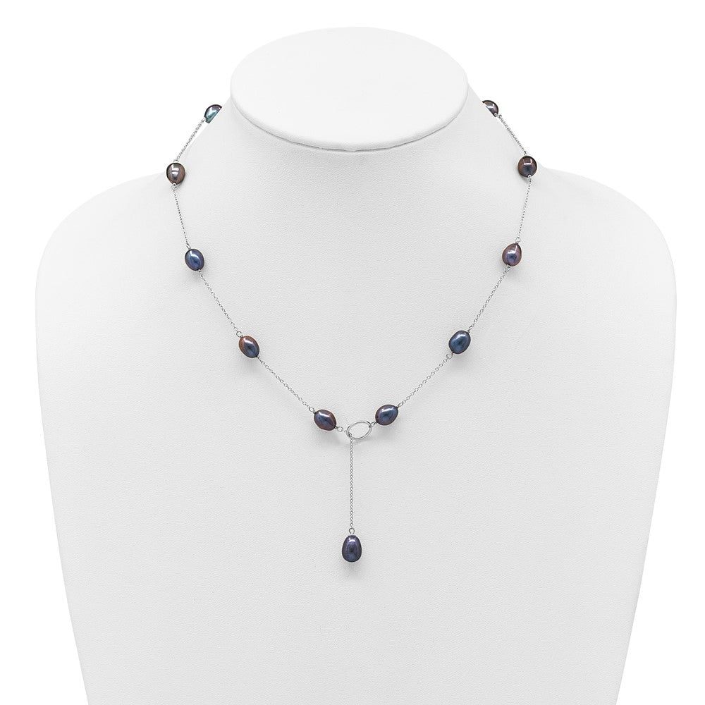 Sterling Silver Rhodium-plated 7-8mm Black FWC Pearl Adj Necklace
