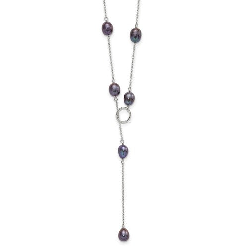 Sterling Silver Rhodium-plated 7-8mm Black FWC Pearl Adj Necklace
