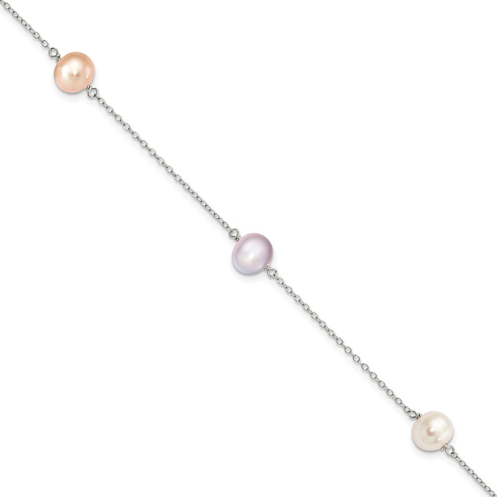 Sterling Silver Rh-p 3-stat 7-8m Wht/Pink/Pur Semi-round FWC Pearl Bracelet