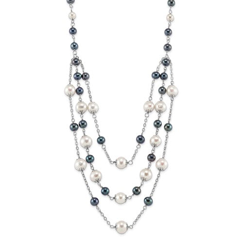 Sterling Silver RH 6-10mm Wte/Blk FWC Pearl Layered 2in ext. Neck