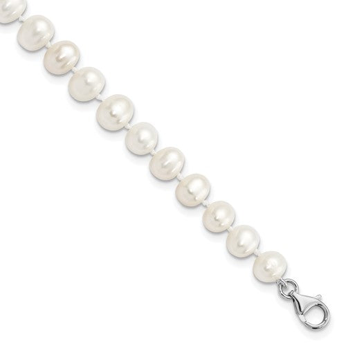 Sterling Silver Rh-plated 7-8mm FWC Pearl CZ w/2in Ext Anklet