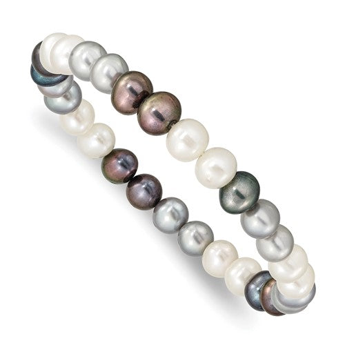 6-7mm Black/Grey/White Semi-round Freshwater Cultured Pearl Stretch Bracel