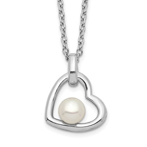 Sterling Silver Rhodium-plated 4-5mm White Button FWC Pearl Heart Necklace