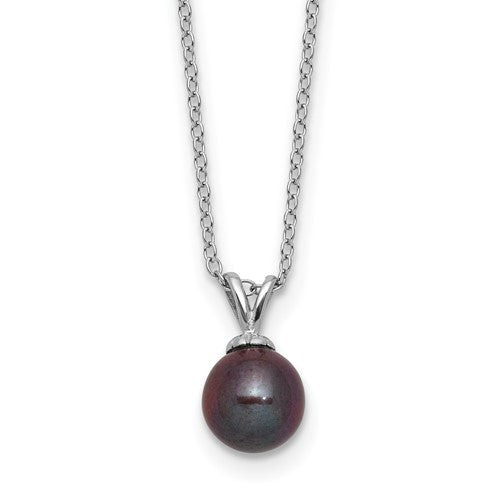 Sterling Silver Rhod-plat 7-7.5mm Black Round FWC Pearl Necklace