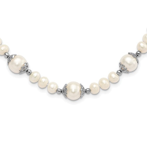 Sterling Silver Rhod-plated 6-9mm FW Cultured Pearl 5-station Necklace