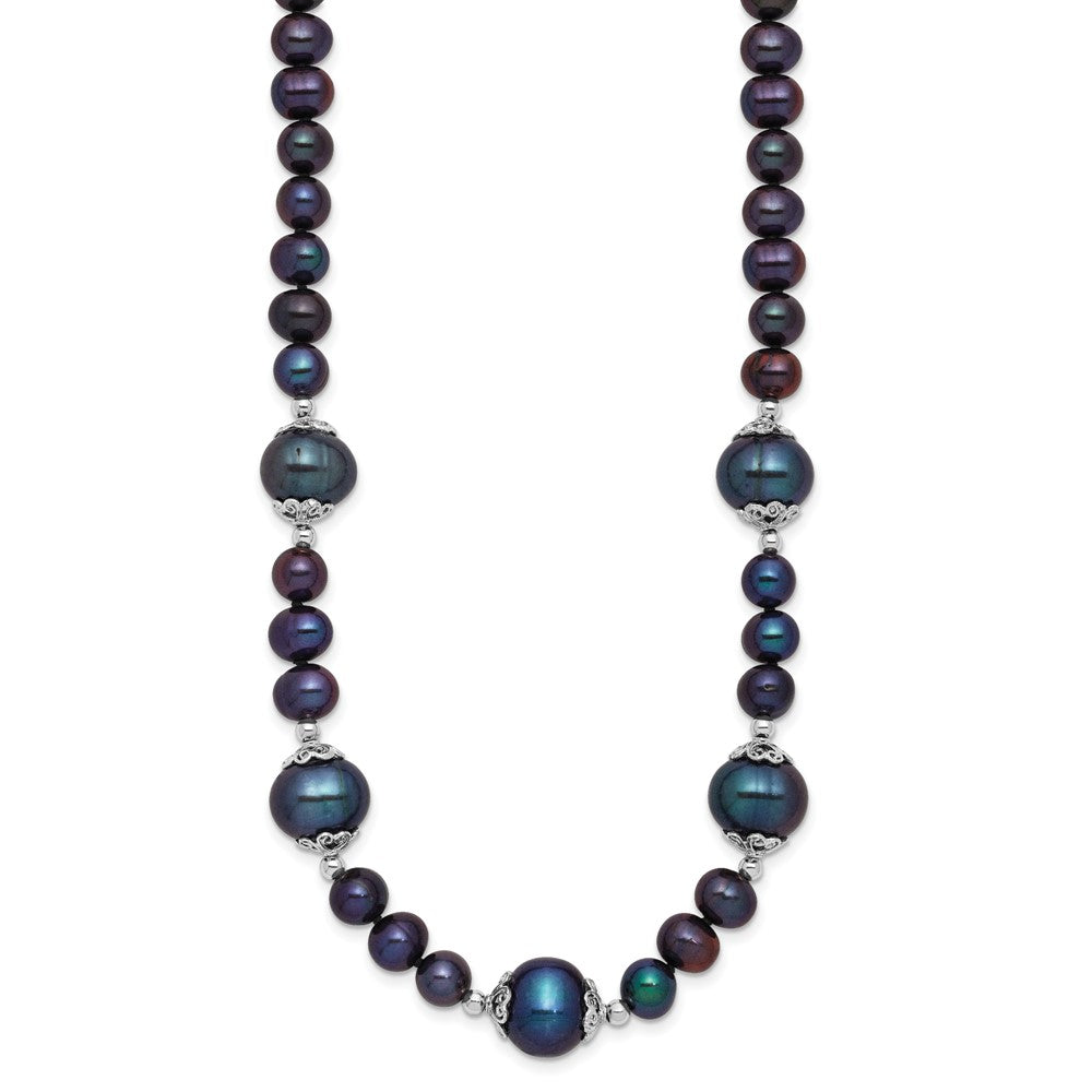 Sterling Silver Rh-plated 6-9mm Black FWC Pearl 5-station Necklace
