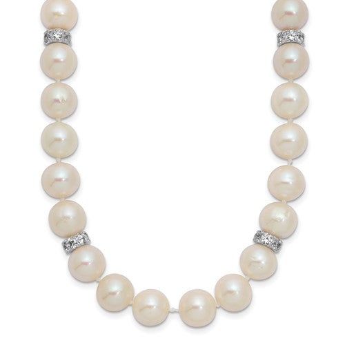 Sterling Silver Rhod-plat 9-10mm White Near Round FWC Pearl CZ Necklace