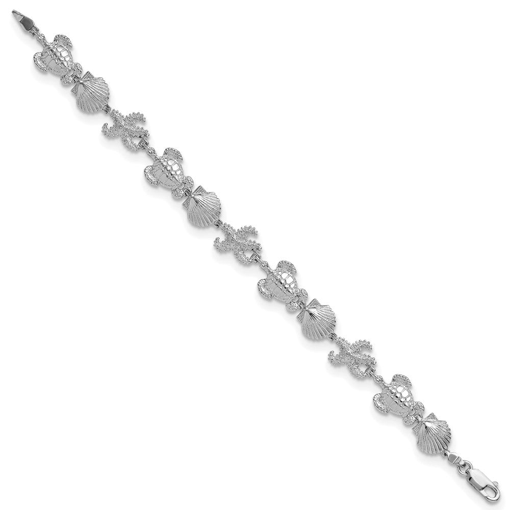 Sterling Silver Rhodium-plated Polished Turtle,Shell,Starfish Bracelet