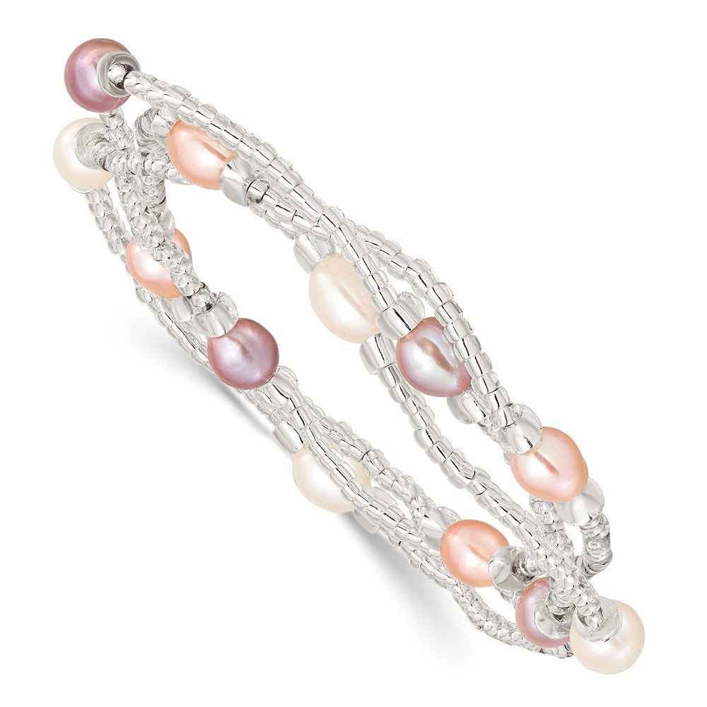 6-8mm Wht/Pi/Pu Rice FWC Pearl and Glass Bead Stretch 3-Bracelet Set