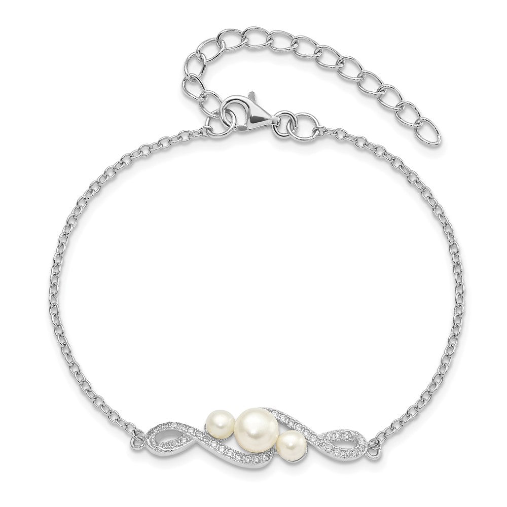Sterling Silver Rh-pl CZ 4-7mm White Button FWC Pearl w/ 2in ext. Bracelet