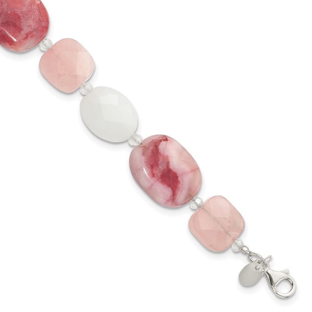 Sterling Silver Pink Agate/Quartz, Jade, Crystal w/1in ext Bracelet