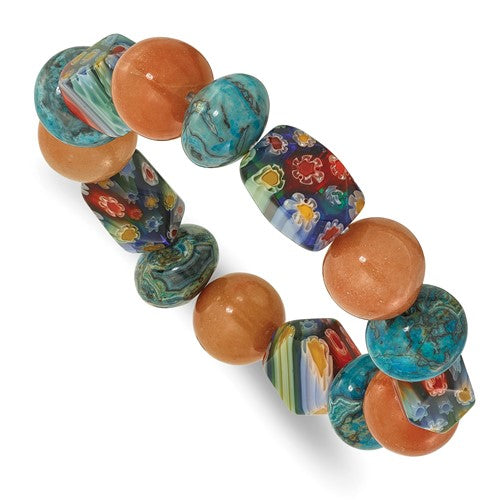 Aventurine, Agate and Kangsai Glass Beaded Stretch Bracelet