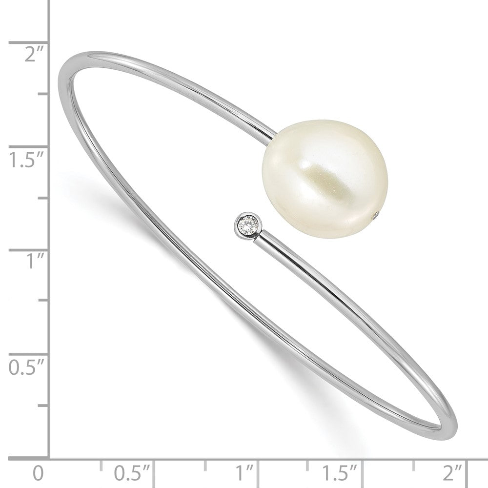 Sterling Silver RH-plated 13-14mm FWC Pearl and CZ Flexible Bangle