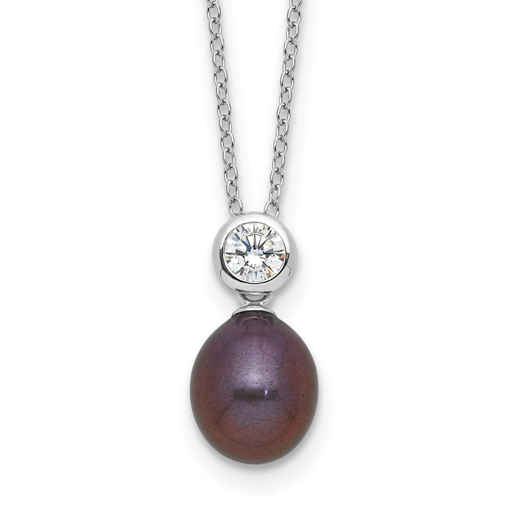Sterling Silver RH-plated 7-8mm Black Rice FWC Pearl/CZ 17in Necklace