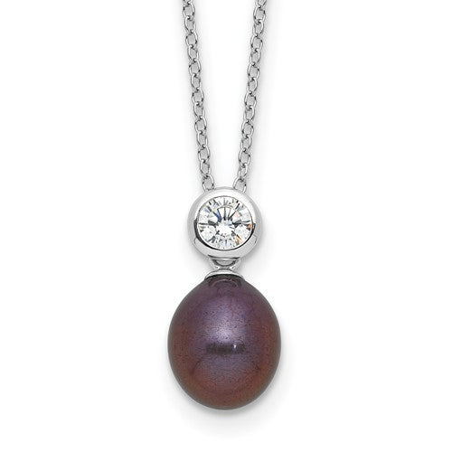 Sterling Silver RH-plated 7-8mm Black Rice FWC Pearl/CZ 17in Necklace