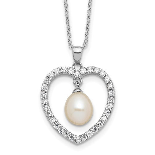 Sterling Silver RH-plated 8-8.5mm FWC Pearl and CZ Heart 17in Necklace
