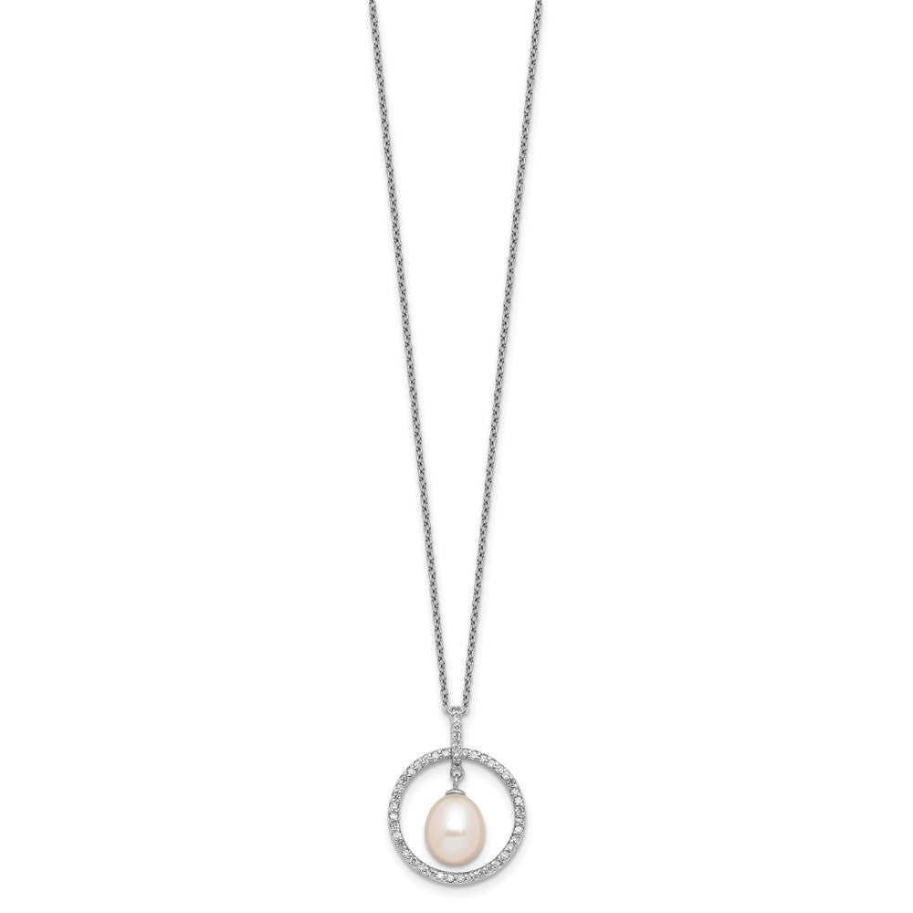 Sterling Silver RH-plated 8-9mm Teardrop FWC Pearl/CZ Circle 17in Necklace