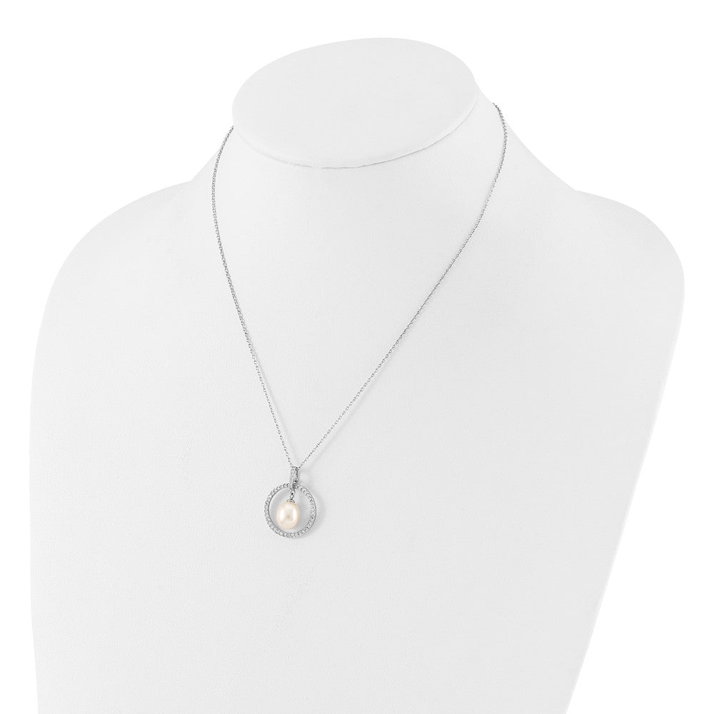 Sterling Silver RH-plated 8-9mm Teardrop FWC Pearl/CZ Circle 17in Necklace