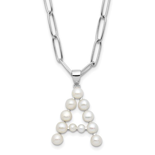 Sterling Silver RH-plated 3-5.5mm FWC Pearl LETTER A 18in Necklace