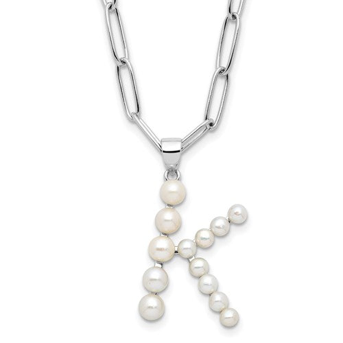 Sterling Silver RH-plated 3-5.5mm FWC Pearl LETTER K 18in Necklace