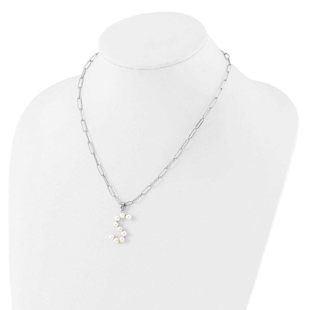 Sterling Silver RH-plated 3-5.5mm FWC Pearl LETTER S 18in Necklace