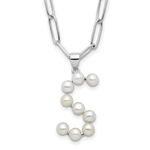 Sterling Silver RH-plated 3-5.5mm FWC Pearl LETTER S 18in Necklace