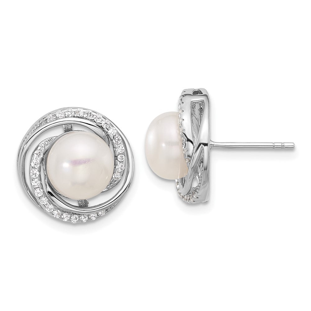 Sterling Silver RH-plated 8-10mm FWC Pearl/CZ Necklace/Post Earrings Set