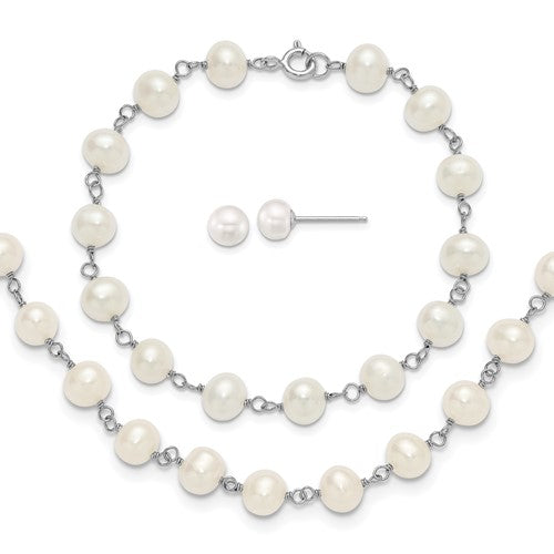 Sterling Silver Rh-plated White FWC Pearl Necklace/Bracelet/Earring Set