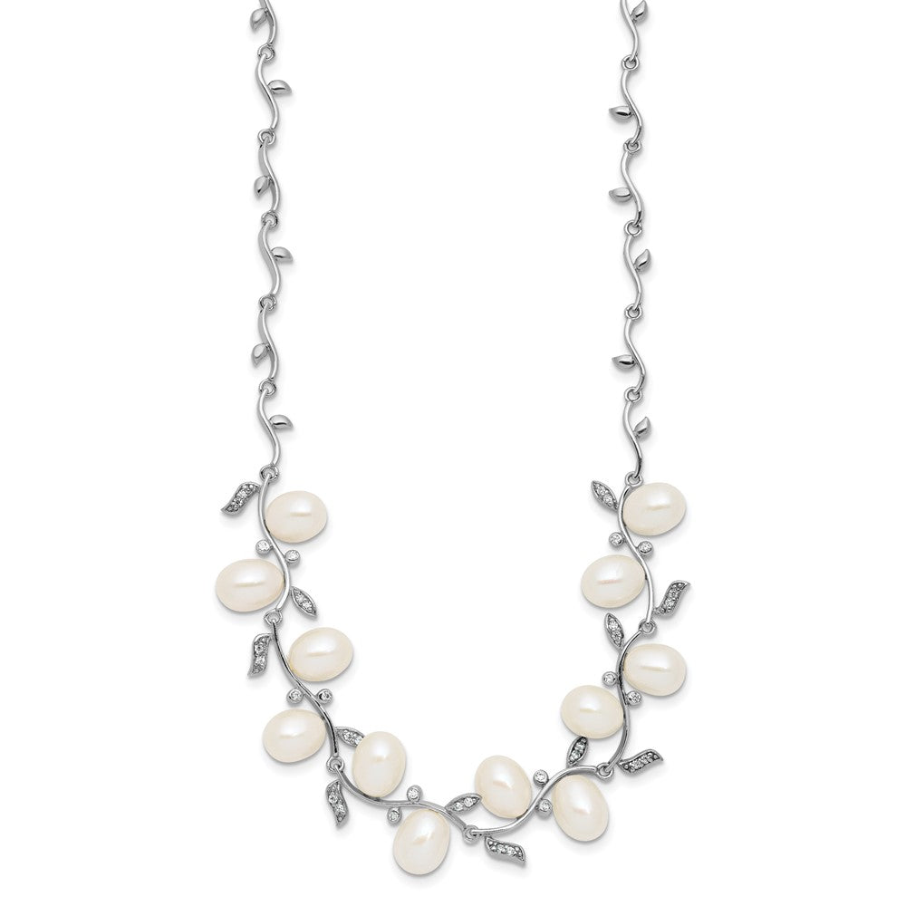 Sterling Silver Rhodium-plated FWC Pearl and CZ Leaf 17in Necklace