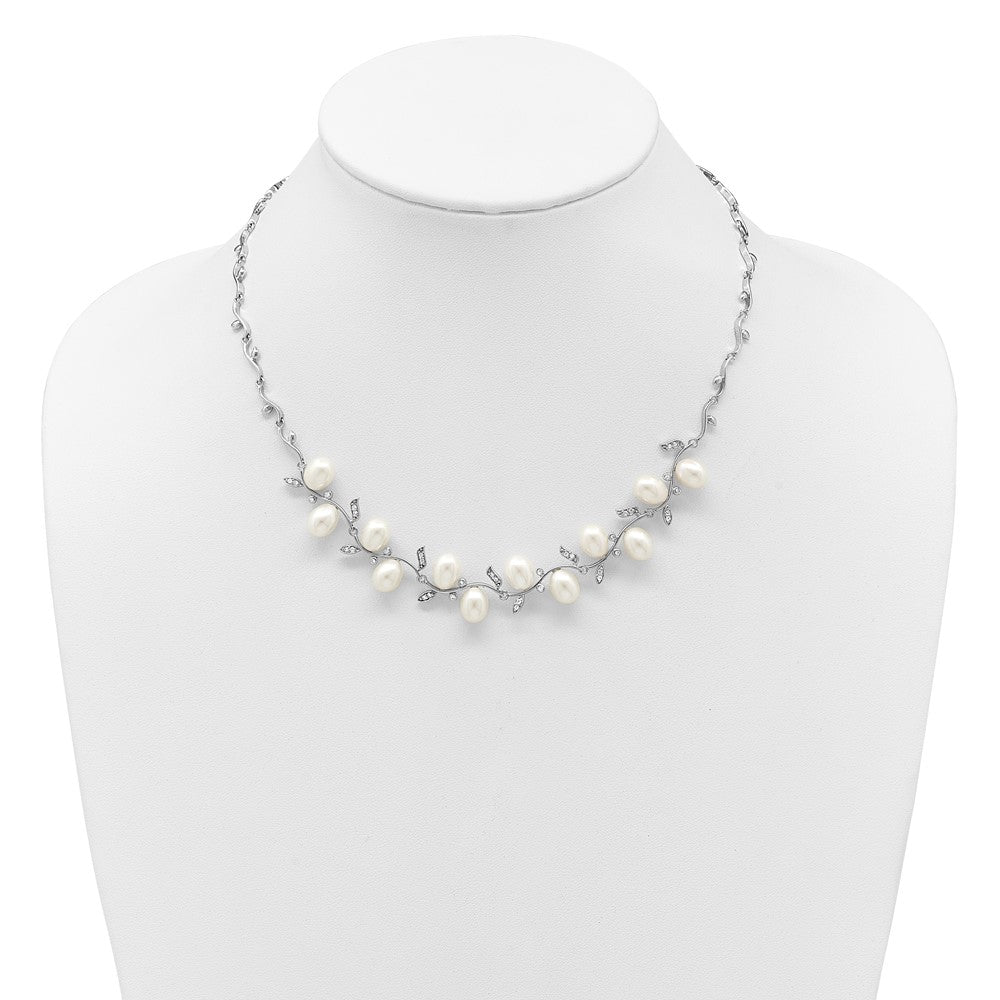 Sterling Silver Rhodium-plated FWC Pearl and CZ Leaf 17in Necklace