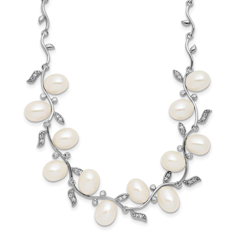Sterling Silver Rhodium-plated FWC Pearl and CZ Leaf 17in Necklace