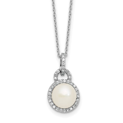 Sterling Silver Rhod-plated 9-10mm FWC Pearl and CZ 17in Necklace