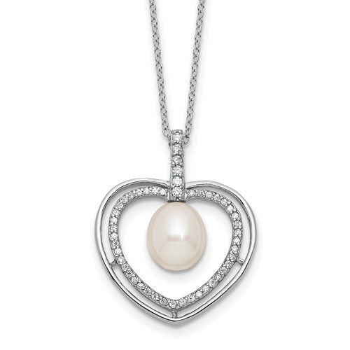 Sterling Silver Rhod 8-9mm FWC Pearl and CZ Heart 17in Necklace