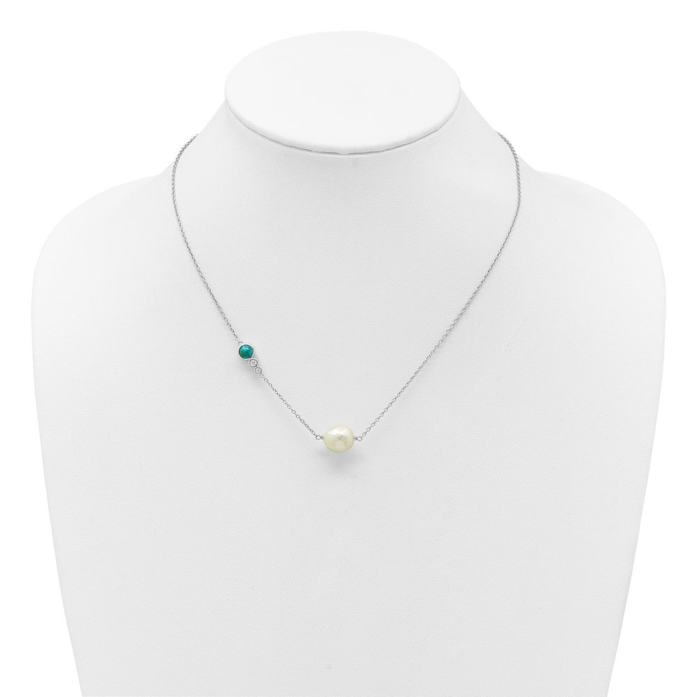 Sterling Silver RH-plated CZ Com. Turquoise FWC Pearl w 2in ext Necklace